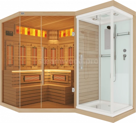 Четырехместная угловая комбинированная сауна Luxury  из кедра с Душевой кабиной